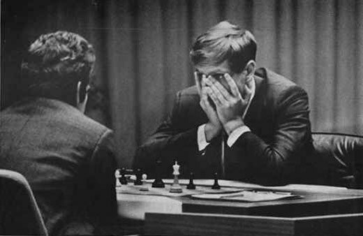 Bobby Fischer glares at Boris Spassky in 1972 (game 1)