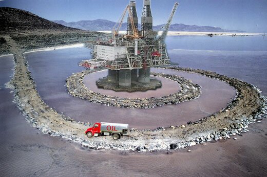 Artist's depiction of Spiral Jetty with an Oil Rig